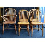 A yew and elm carver chair and 4 elm kitchen chairs 19th century