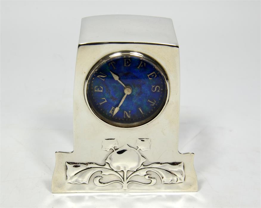 A silver Liberty & Co Cymric clock designed by Archibald Knox, Birmingham 1904