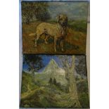 2 OIL PAINTINGS ON CANVAS - ALPINE SCENE & A DOG 10'X8'