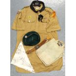 XXL SCOUTS SHIRT, TOGGLE, BADGES, BERET, BANDAGE & WATER CARRIER 1960'S