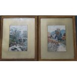 UNSIGNED PAIR WATERCOLOURS - RURAL & VILLAGE SCENES 6.5'X9.5'