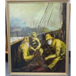 DON BLIZZARD OIL ON CANVAS - FISHERMEN MENDING NETS 24'X30'