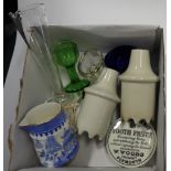 3 GLASS EYE BATHS & MEASURE, WORCS SM BLUE & WHITE JUG, WOODS POT LID + 2 PIE FUNNELS