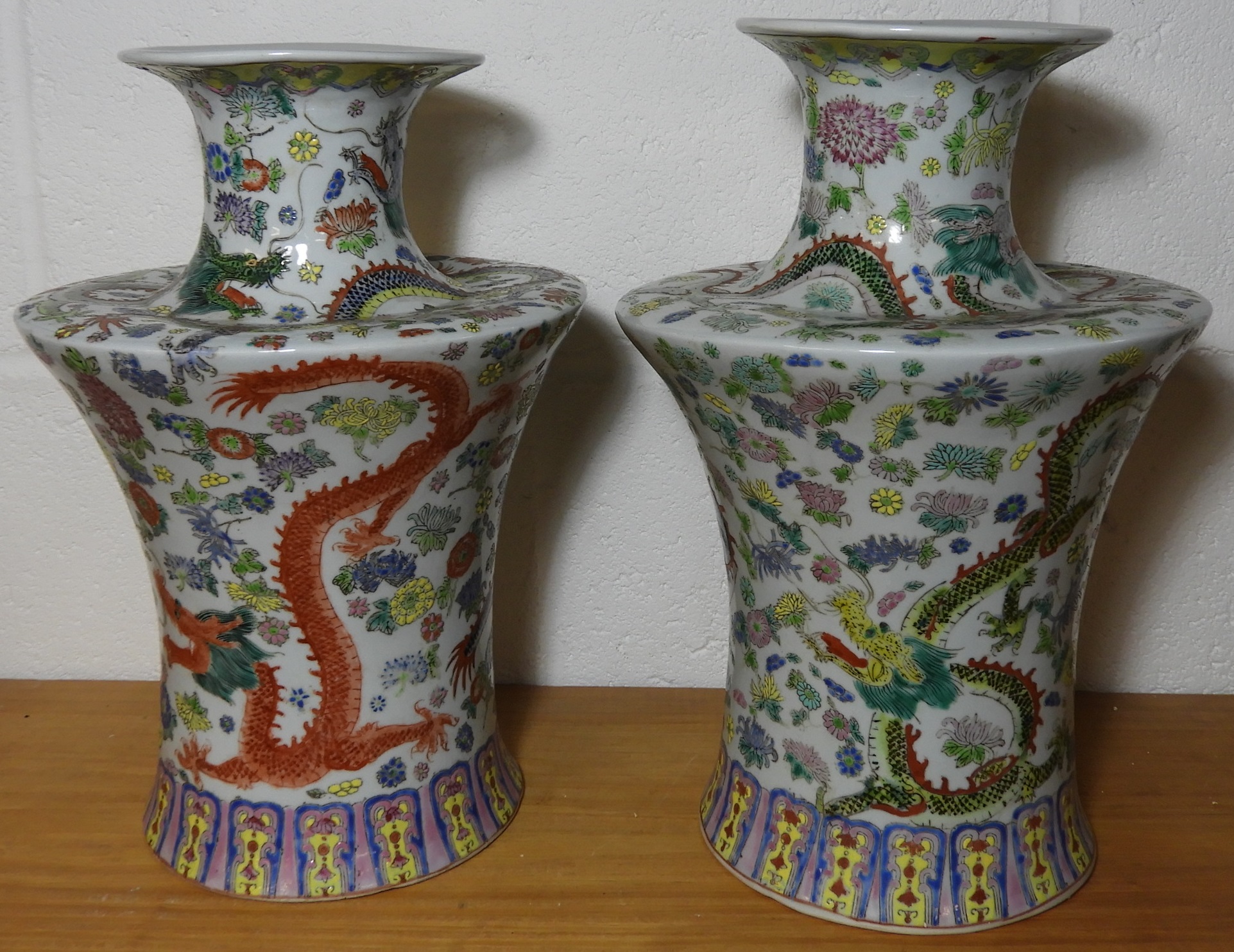 PR OF CHINESE FAMILLE ROSE VASES DECORATED WITH DRAGONS & FLOWERS 11 3/4'H