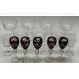 9 ETCHED EDWARDIAN STEM GLASSES + 5 RED OVERLAY GLASSES