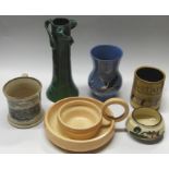 BARON BARNSTAPLE TYG HANDLE VASE, BIDEFORD, BARNSTAPLE POTTERY ITEMS, BIDEFORD SOUVENIR MUG + 2 PCES