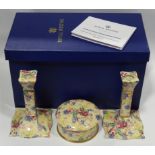 ROYAL WINTON ASCOT CHINTZ 6' PILLAR CANDLESTICKS & TRINKET BOX & COVER