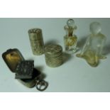 MINIATURE SCENTS BOTTLE, CASED SEAL, 2 WHITE METAL CANNISTERS & GLASS COPENHAGEN MERMAID