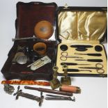 LACQUER BOX OF ODDS INC MAUCHLINE, SEAL & BRASSWARE + CASED EBONY MANICURE SET