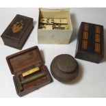 TREEN CIGARETTE BOX, CRIB BOARD, CASED RAZOR ORIENTAL JAR & DOMINOES