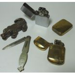 MOP & SILVER FRUIT KNIFE, 3 CIGARETTE LIGHTERS (1 ZIPPO, 1 PETROLONE, 1 SOUTHERN COMFORD