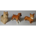 3 BESWICK , CORGI, BULLDOG + YORKSHIRE TERRIER