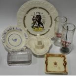 2 GLASS HORLICKS MIXERS, BOVRIL PLATE, BASS & CARONI NAVY RUM ASHTRAYS, BRYANT & MAY MATCH STAND +