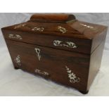 ROSEWOOD MOTHER OF PEARL INLAID SARGOPHOGUS TEA CADDY