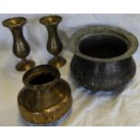 2 YEMENI BRASS & COPPER BOWLS & PAIR VASES