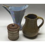 STONEWARE GLAZED POT & LID, STUDIO POTTERY JUG + 'JANE' DECO JUG