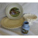 2 CREAM BASKET WEAVE DISHES, BLUE HUNTING VASE & PICTORIAL DISH