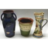 3 TORQUAY POTTERY VASES, KINGFISHER, MOTTO & PINCHED LID