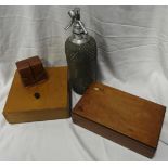 WIRE CLAD SYPHON, 2 WOODEN BOXES & LEATHER TRAVEL CLOCK CASE