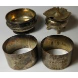 2 SILVER NAPKIN RINGS, A TABLE SALT MUSTARD POT