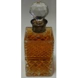 SILVER RIM CUT GLASS SQUARE DECANTER WITH WHISKEY