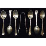 CASED SET 6 SILVER TEASPOONS & SUGAR TONGS