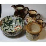 3 COPPER LUSTRE JUGS, CHINTZ BOWL + STONEWARE JAR