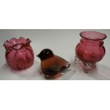 WEDGEWOOD RED GLASS BIRD & 2 PCES CRANBERRY GLASS