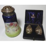 CASED SILVER 2 PCE CONDIMENT + SILVER LIDDED CERAMIC CASTOR