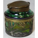 DECO METAL & GREEN GLASS INKWELL