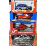 4 BOXED MODEL VEHICLES - VIRGINS LONDON AIR AMBULANCE HOTWHEELS FERRARI, BURAGO VW BEETLE +