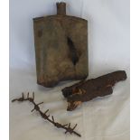 WW1 SHRAPNEL, BOTTLE & BARBED WIRE, FROM SOMME BATTLEFIELD IN 1970'S