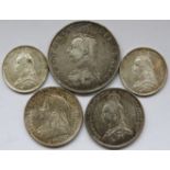 COINS - 1887 FLORIN, 1899 & 1887 SHILLING & 2X 1890 SIXPENCE (5)