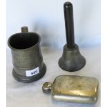 ROSE + CROWN DUNSTER PEWTER TANKARD, HALLS PATENT HIPFLASK + HAND BELL