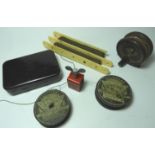 BOX OF FISHING ACCESSORIES INC HARDY FLY BOX, MINIATURE FISHING REEL + LESNEY BREAD BAIT PRESS