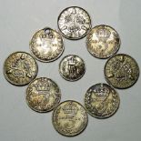 COINS - 8 THREEPENCES & 1833 1 1/2P