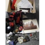 BOX OF MILITARY EMPHEMERA, CAPS, BADGES ETC