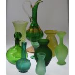 GREEN GLASS DECANTER & VASES (9)