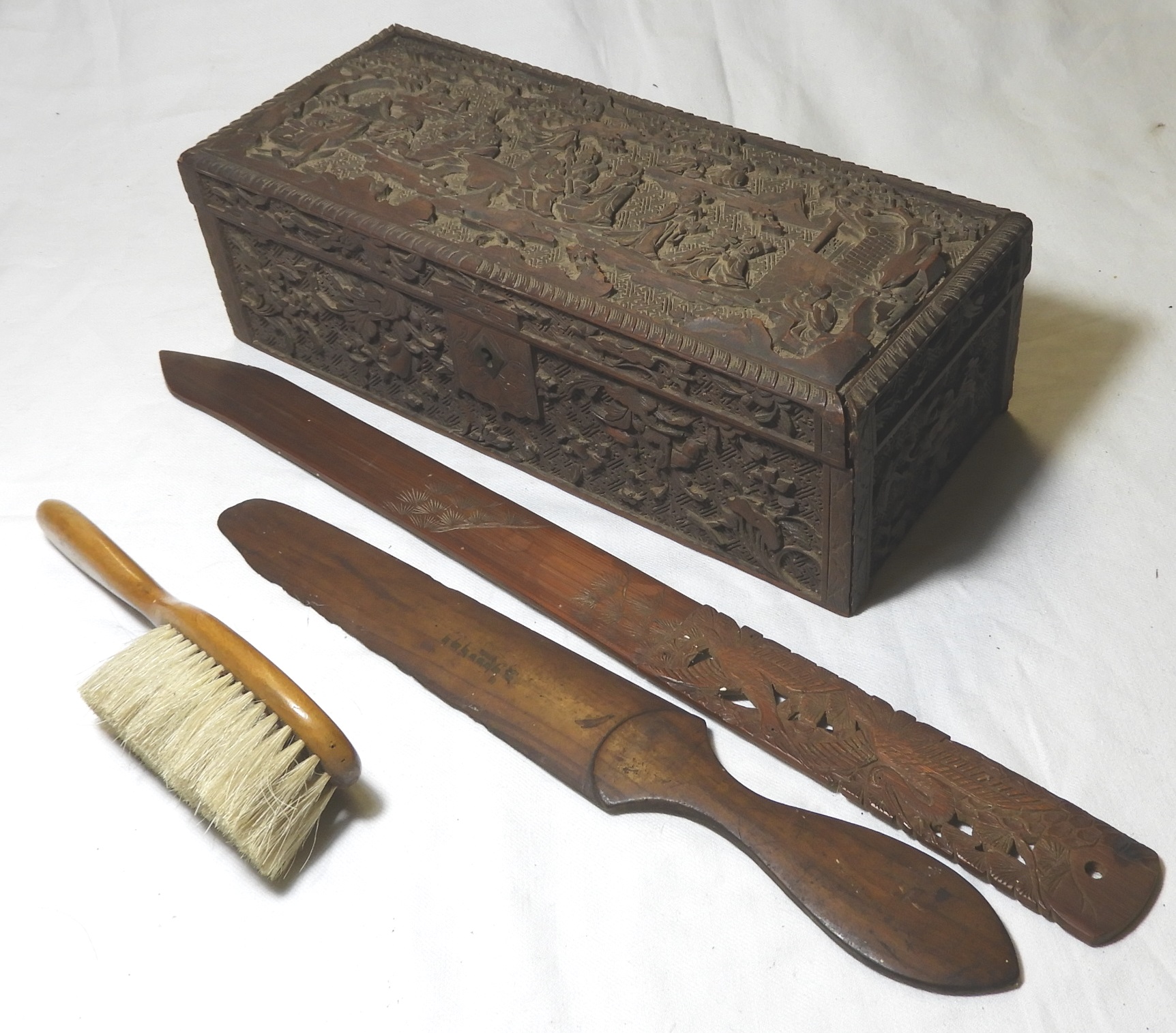 CARVED ORIENTAL TABLE BOX, 2 PAGE TURNERS & HAIRBRUSH