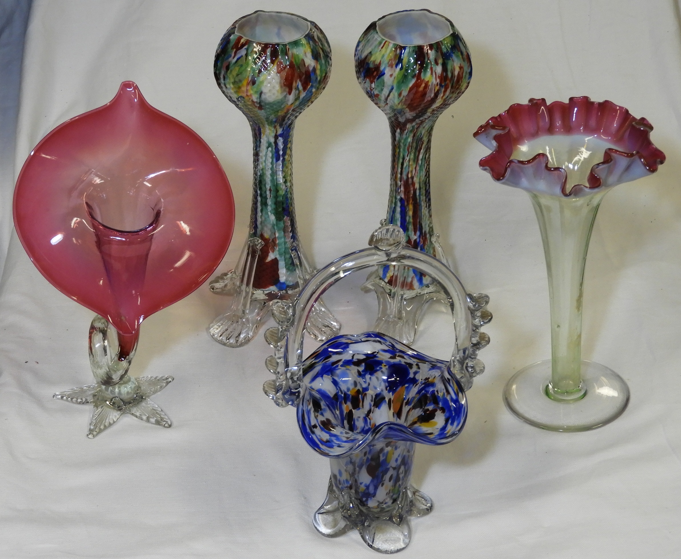 2 END OF DAY GLASS SPILL VASES + BASKET JACK IN THE PULPIT VASE + VASELINE + RUBY GLASS VASE