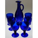 BLUE GLASS DECANTER & 6 STEM GLASSES