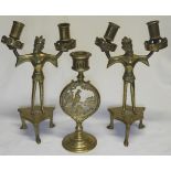 PR OF FIGURAL DOUBLE CANDLESTICKS + COCKEREL CANDLESTICK