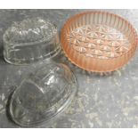 2 GLASS JELLY MOULDS & BOWL