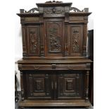 OAK FRENCH BUFFET SIDEBOARD WITH ORNATELY CARVED TRIPLE DOOR TOP