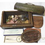 GREEN LEATHER JEWEL CASKET & CONTENTS