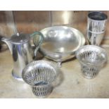 PLATED SPILL VASE, FRUIT BOWL & HOT WATER JUG + 2 PIERCED PLANTERS