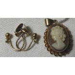 9CT GOLD CAMEO BROOCH & PAIR EARRING CLIPS