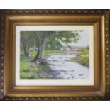 EDWARD WAITE 1893 GILT FRAMED AFTERNOON FISHING REPRO WATERCOLOUR