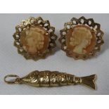 PR 9CT GOLD CAMEO EARRINGS + ARTICULATED FISH PENDANT 750