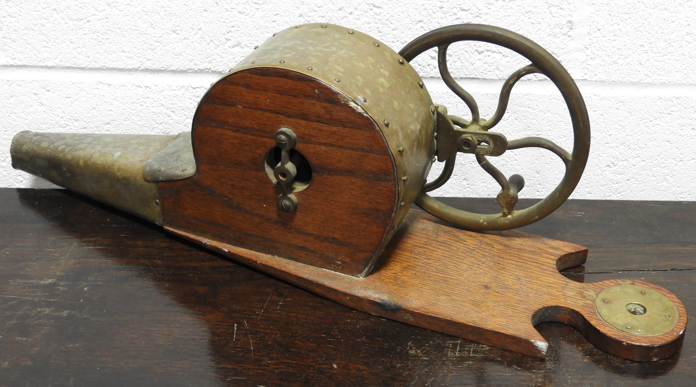 OAK & BRASS PEAT BELLOWS WITH BRASS FLYWHEEL